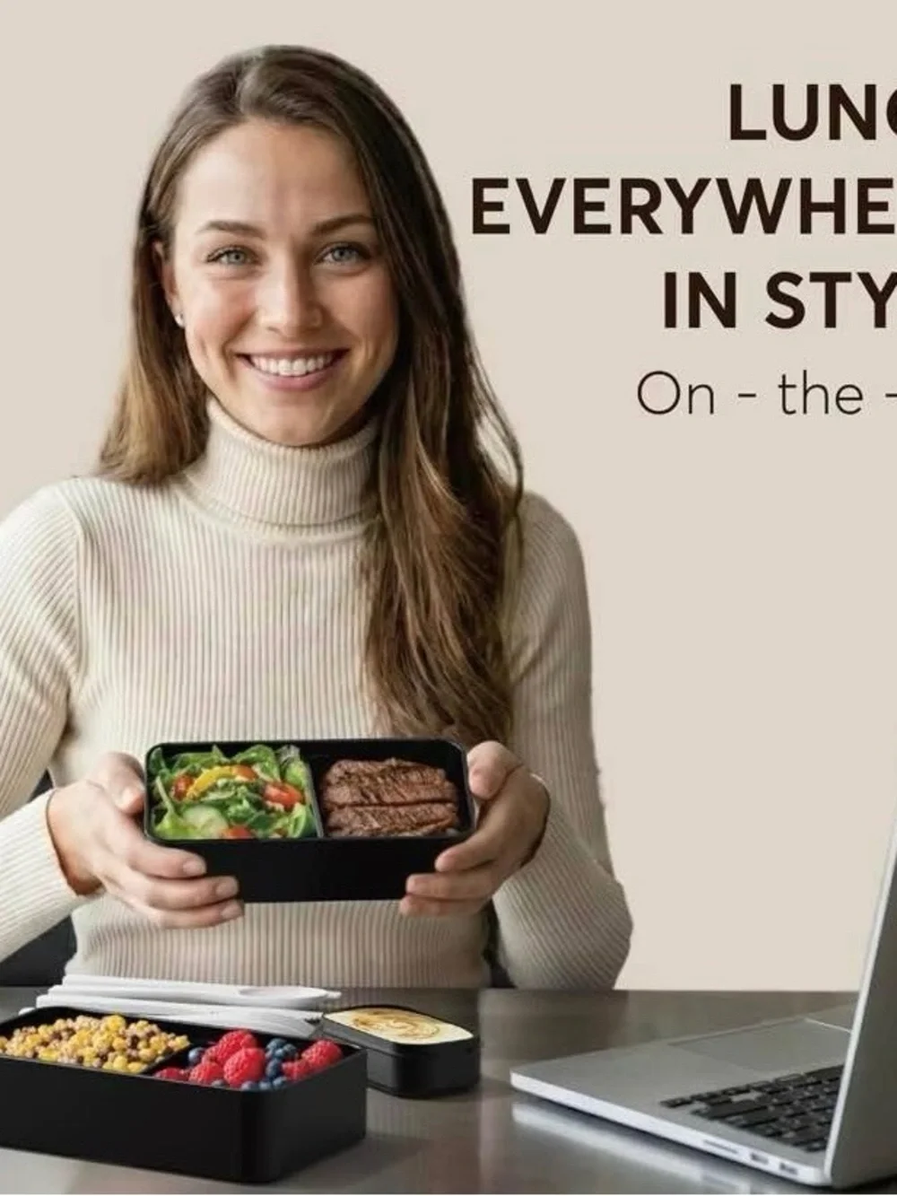 NEW - Bento Box Adult All-In-1 w/4 Utensils, Big Sauce Jar, 2 Dividers